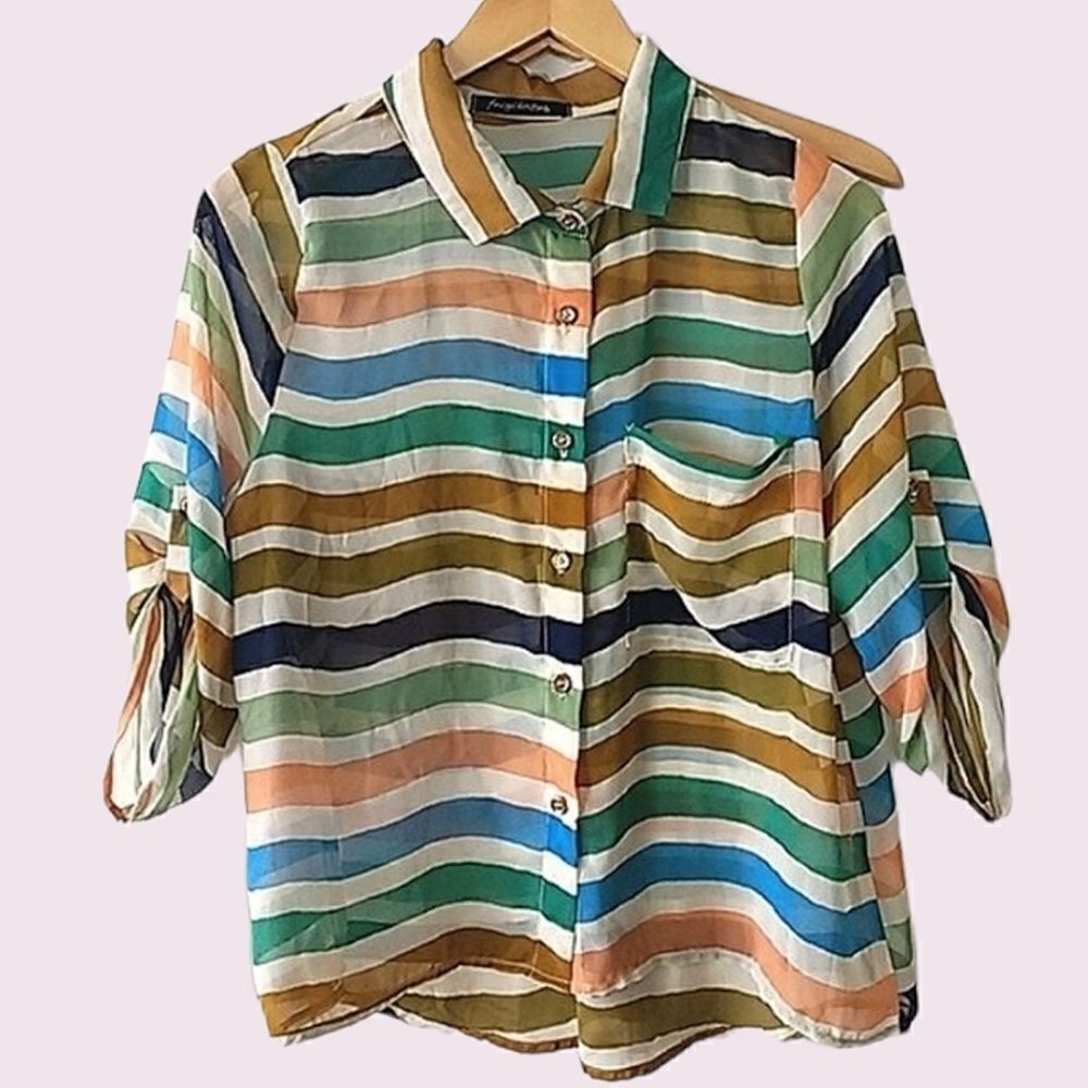 Foreign Exchange Striped Button-Down Long Sleeve Sheer Blouse size M